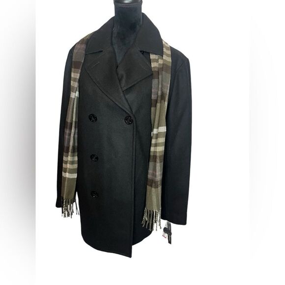 NWT LIZ CLAIBORNE MENS BLACK WOOL BLEND W/ PLAID SCARF ATTACHED PEACOAT SIZE M - Picture 5 of 12